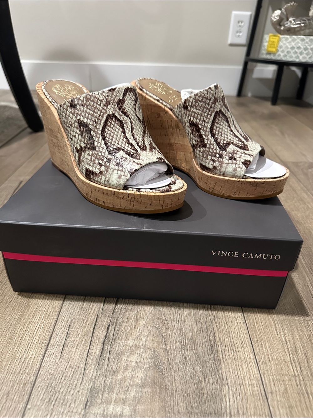 Vince Camuto Beige and Brown Snake-Print Cork Wedge Mules